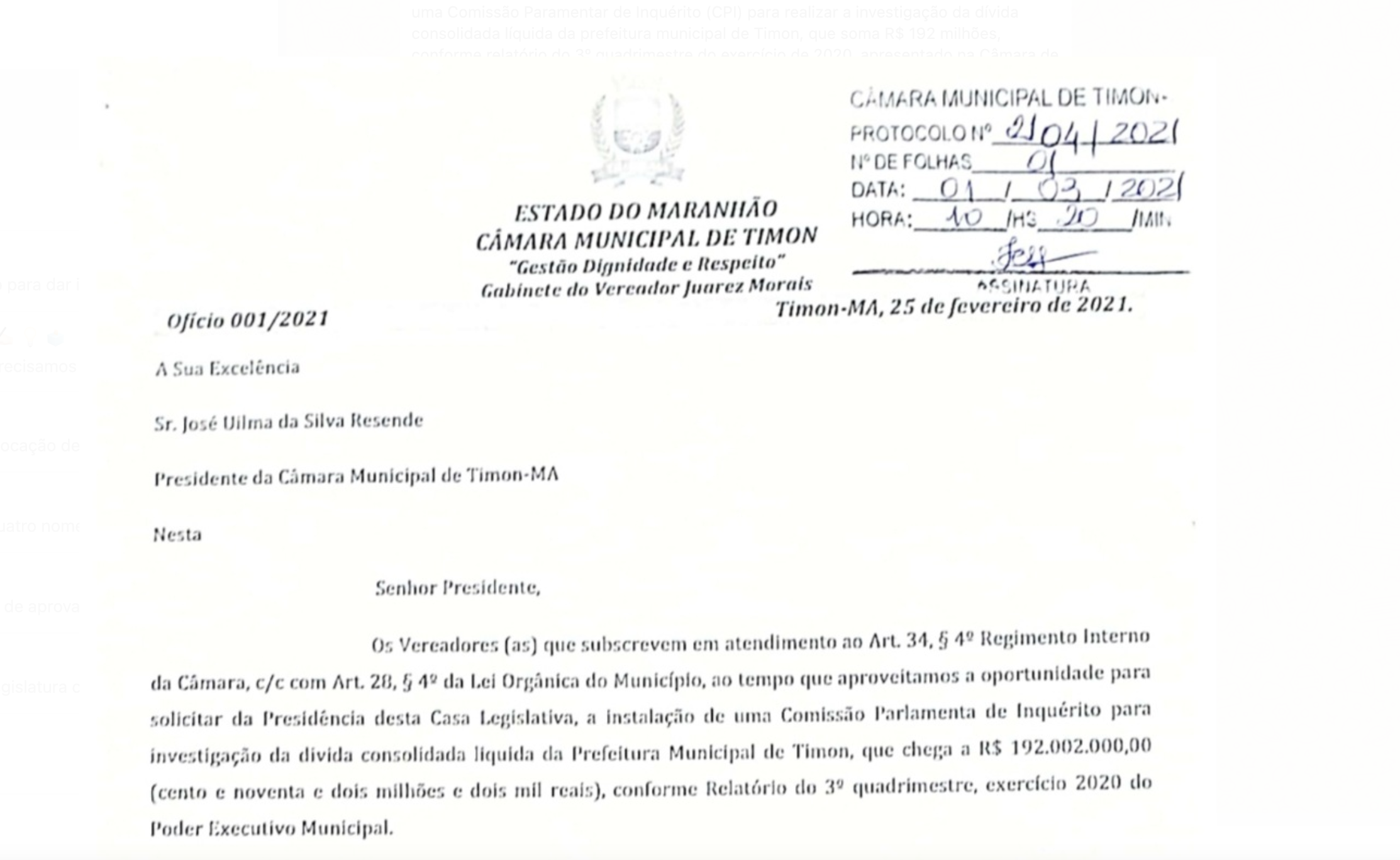 Câmara Municipal de Timon Ma Câmara de Timon recebe ofício para dar